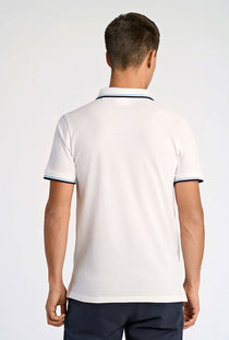 Back image of a model wearing the S/s contrast polo in white, by brand Lindbergh