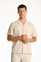 Front image of a model wearing Seersucker s/s shirt in beige, by brand Lindbergh
