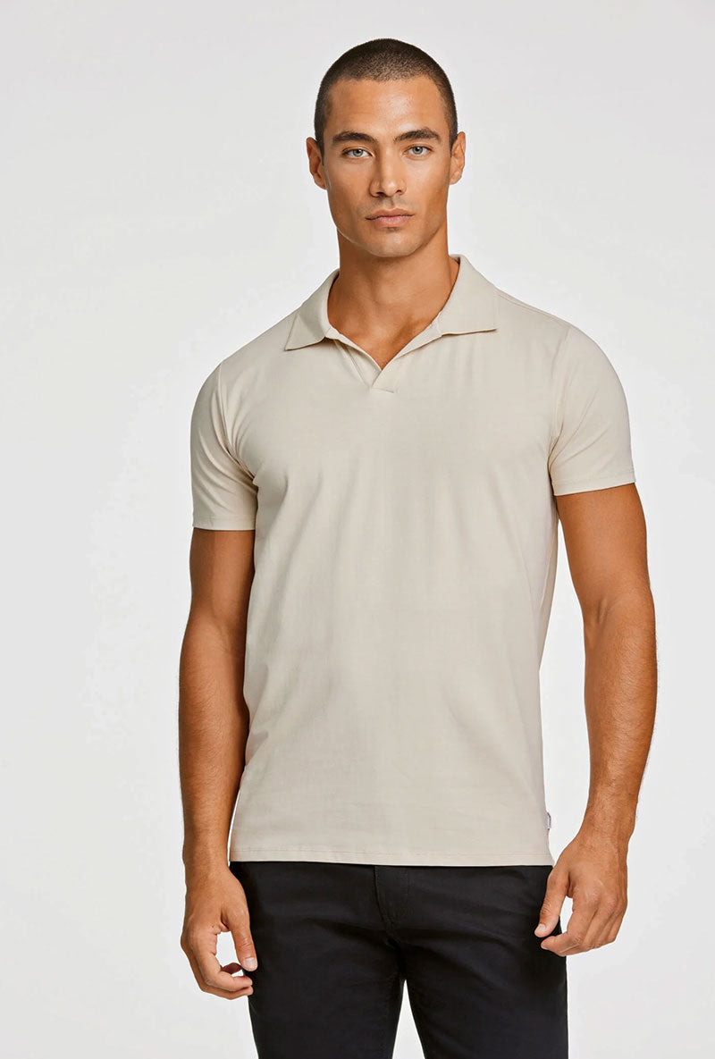 Front image of a model wearing Stretch s/s polo shirt in stone, by brand Lindbergh