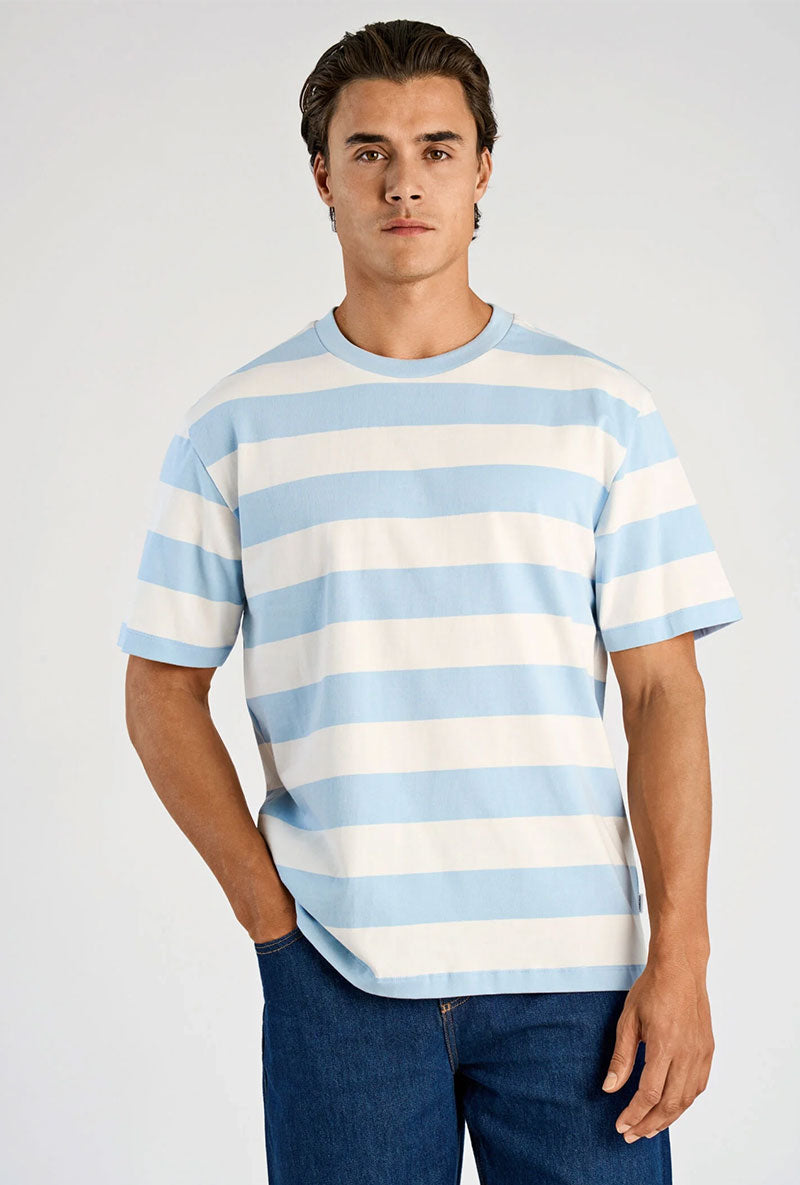 Front image of a model wearing Striped oversized t in aqua, by brand Lindbergh