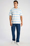 Front image of a model wearing the Striped oversized t in aqua, by brand Lindbergh