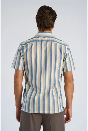Back image of a model wearing the Striped s/s shirt in blue, by brand Lindbergh