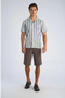 Front image of a model wearing the Striped s/s shirt in blue, by brand Lindbergh