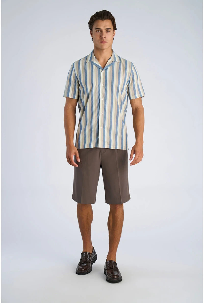 Front image of a model wearing Striped s/s shirt in blue, by brand Lindbergh