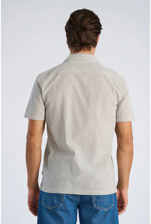 Back image of a model wearing the Striped seersucker shirt in stripe, by brand Lindbergh