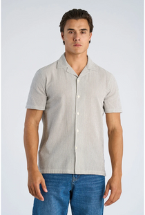 Front image of a model wearing the Striped seersucker shirt in stripe, by brand Lindbergh