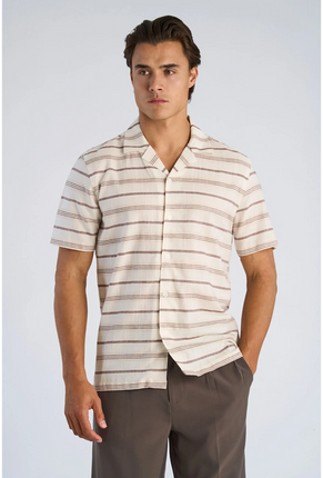 Front image of a model wearing Striped structure s/s shirt in brown, by brand Lindbergh