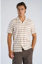 Front image of a model wearing Striped structure s/s shirt in brown, by brand Lindbergh