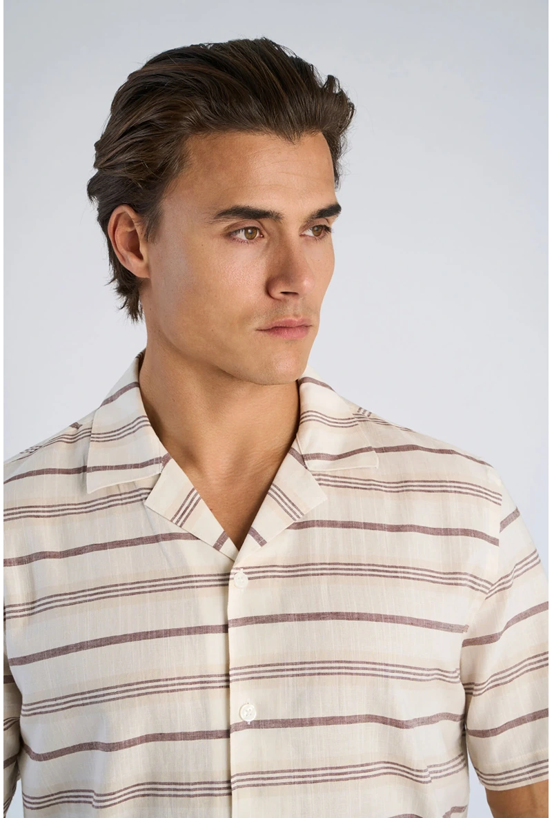 Front image of a model wearing Striped structure s/s shirt in brown, by brand Lindbergh