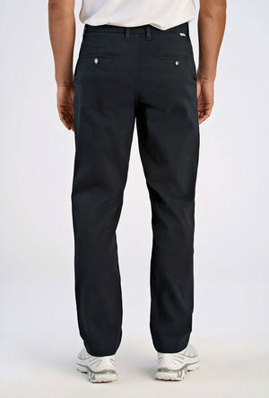 Back image of a model wearing the Superflex relaxed fit chino pants in black, by brand Lindbergh