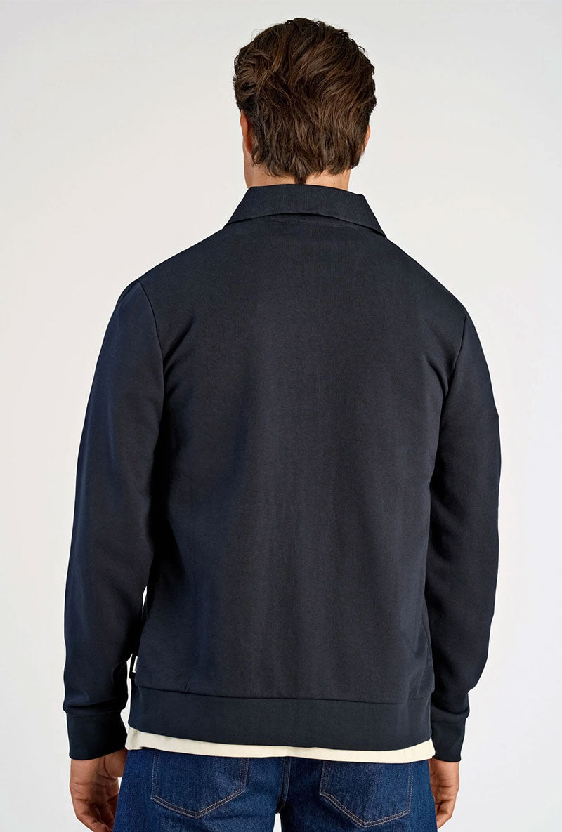 Back image of a model wearing Lindbergh sweat cardigan in navy, by brand Lindbergh