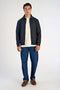 Front image of a model wearing the Lindbergh sweat cardigan in navy, by brand Lindbergh