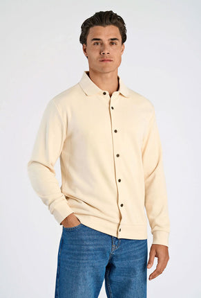 Front image of a model wearing Lindbergh sweat cardigan in beige, by brand Lindbergh
