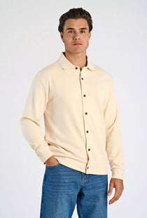 Front image of a model wearing the Lindbergh sweat cardigan in beige, by brand Lindbergh