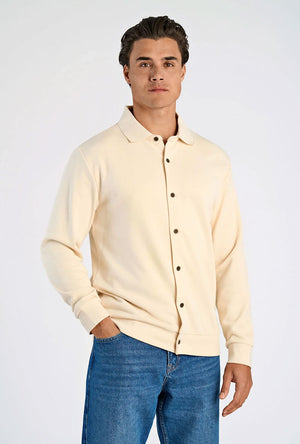 Front image of a model wearing the Lindbergh sweat cardigan in beige, by brand Lindbergh