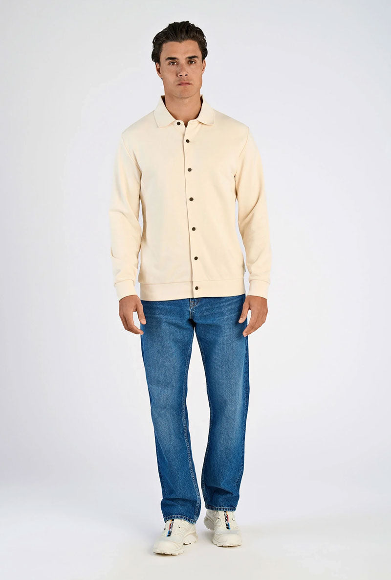 Front image of a model wearing Lindbergh sweat cardigan in beige, by brand Lindbergh