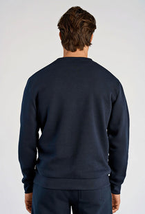 Back image of a model wearing the Lindbergh sweatshirt in navy, by brand Lindbergh