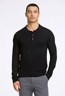Front image of a model wearing the Ecovero ls polo in black, by brand Lindbergh
