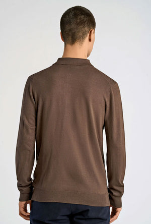 Back image of a model wearing the Ecovero ls polo in brown, by brand Lindbergh