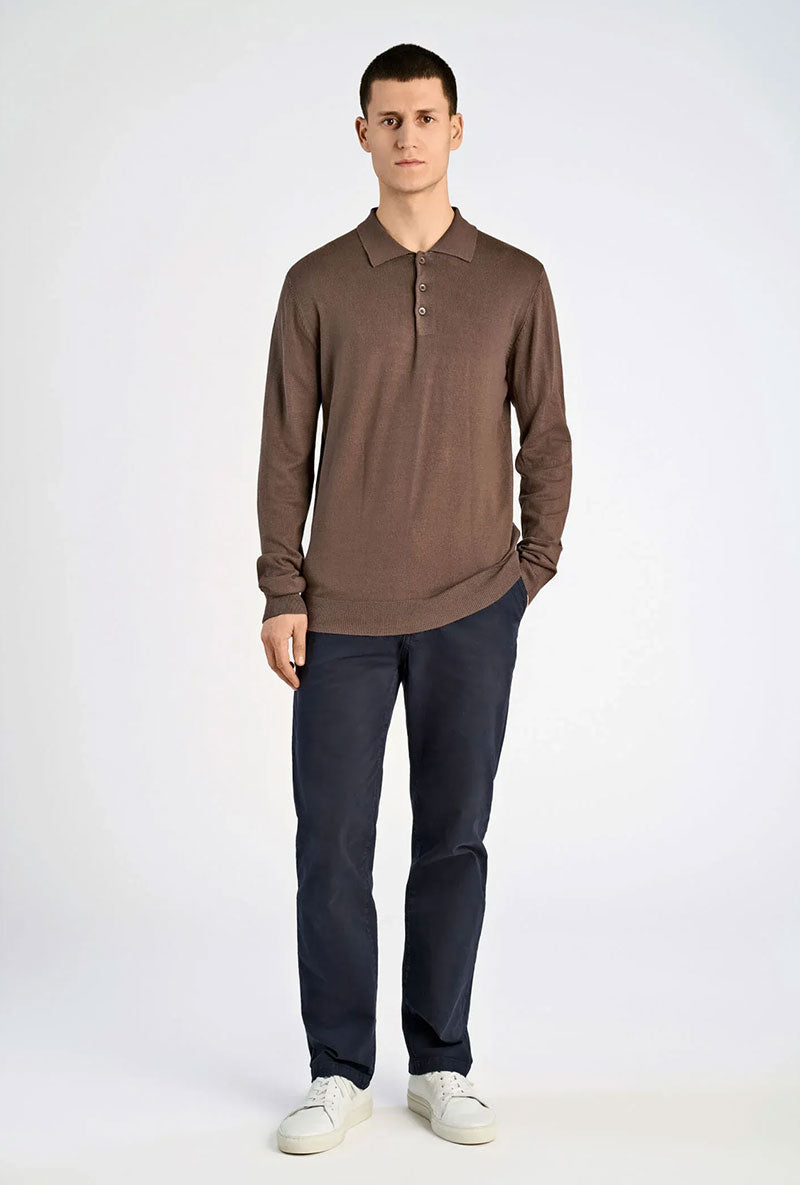 Front image of a model wearing Ecovero ls polo in brown, by brand Lindbergh