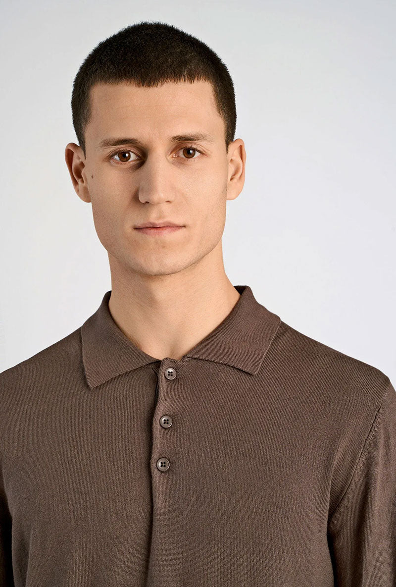Front image of a model wearing Ecovero ls polo in brown, by brand Lindbergh