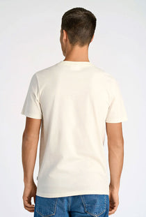 Back image of a model wearing the Embroidery ss tshirt in off white, by brand Lindbergh