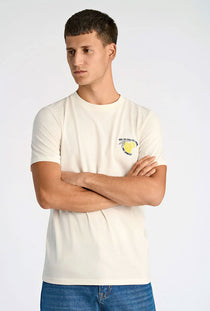 Front image of a model wearing the Embroidery ss tshirt in off white, by brand Lindbergh