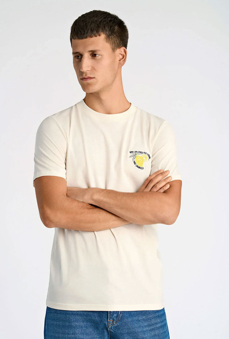 Front image of a model wearing Embroidery ss tshirt in off white, by brand Lindbergh