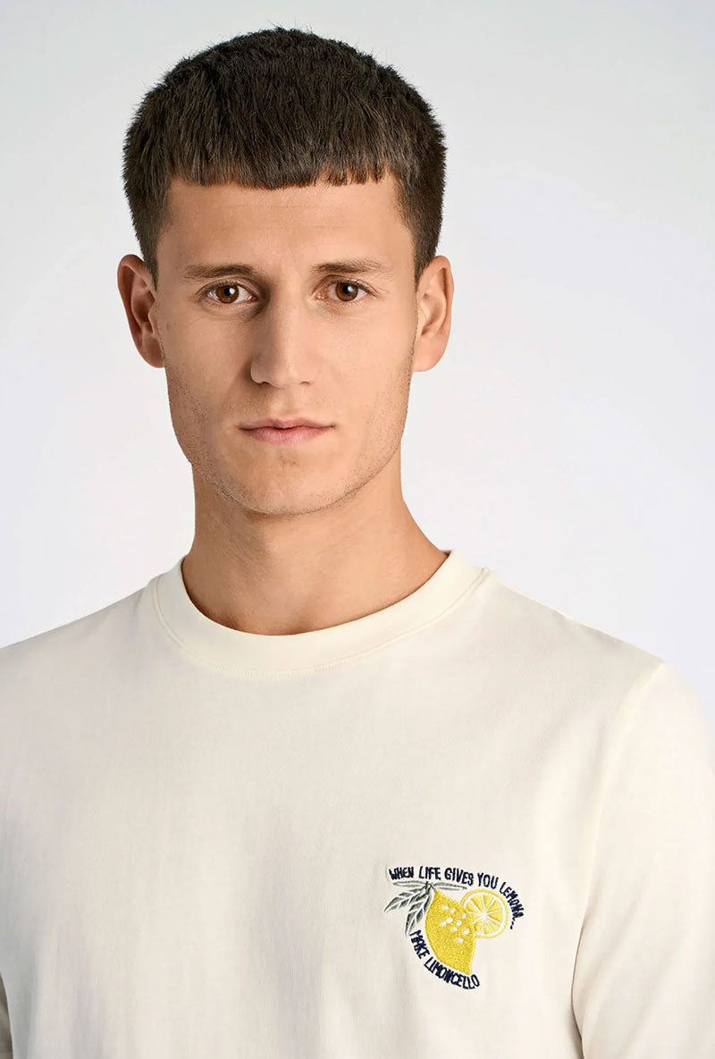 Front image of a model wearing Embroidery ss tshirt in off white, by brand Lindbergh