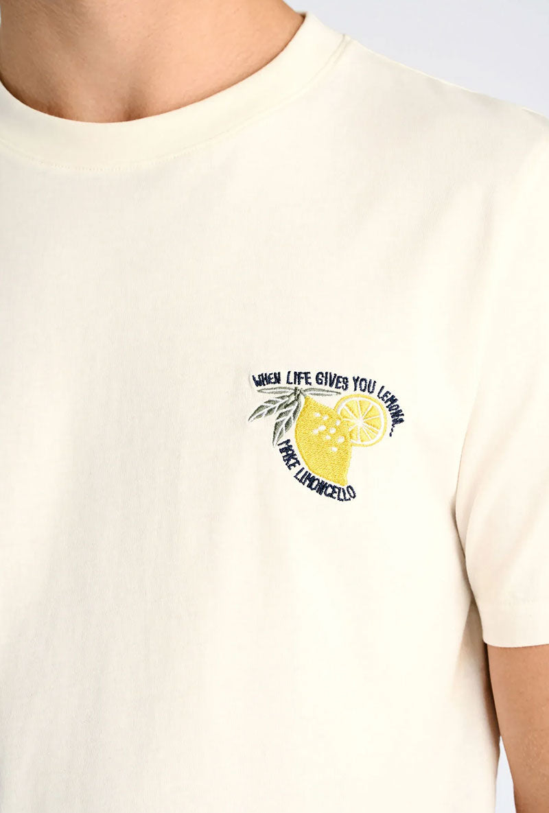 Front image of a model wearing Embroidery ss tshirt in off white, by brand Lindbergh