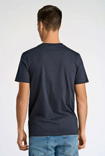 Back image of a model wearing the Embroidery ss tshirt in navy, by brand Lindbergh
