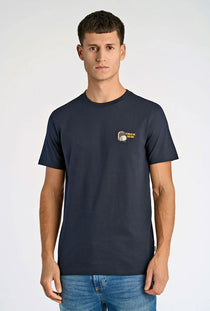 Front image of a model wearing the Embroidery ss tshirt in navy, by brand Lindbergh