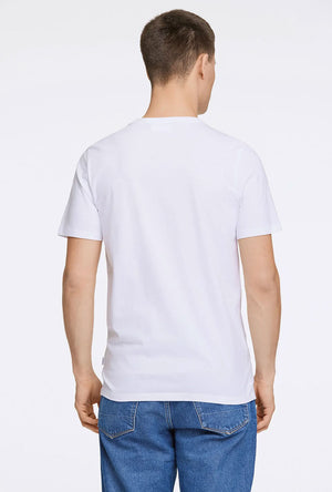 Back image of a model wearing the Lindbergh logo print ss tshirt in white, by brand Lindbergh