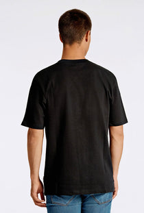 Back image of a model wearing the Oneck oversize tshirt in black, by brand Lindbergh