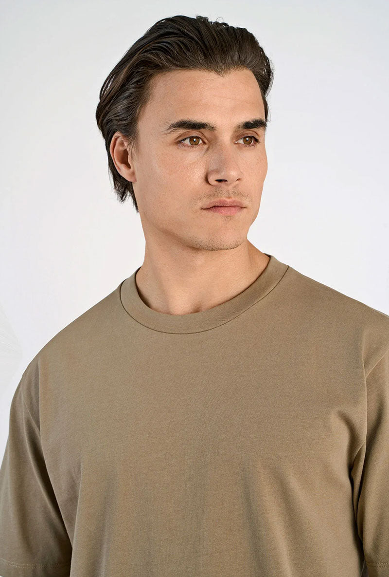 Front image of a model wearing Oneck oversize tshirt in stone, by brand Lindbergh