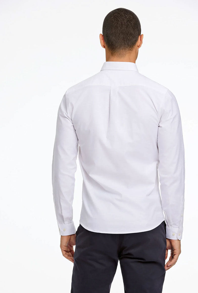Back image of a model wearing Oxford superflex ls shirt in white, by brand Lindbergh