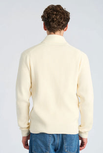 Back image of a model wearing the Rib shawl collar cardigan in cream, by brand Lindbergh
