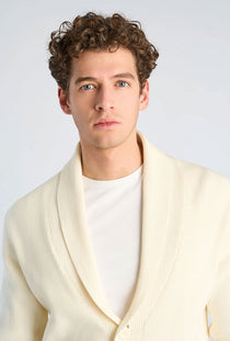 Front image of a model wearing the Rib shawl collar cardigan in cream, by brand Lindbergh