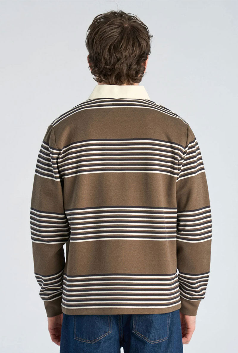 Back image of a model wearing Rugby polo sweatshirt in brown, by brand Lindbergh
