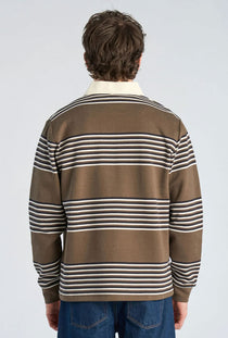 Back image of a model wearing the Rugby polo sweatshirt in brown, by brand Lindbergh