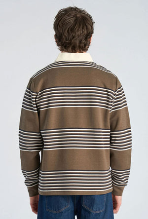 Back image of a model wearing the Rugby polo sweatshirt in brown, by brand Lindbergh