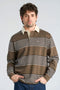 Front image of a model wearing Rugby polo sweatshirt in brown, by brand Lindbergh