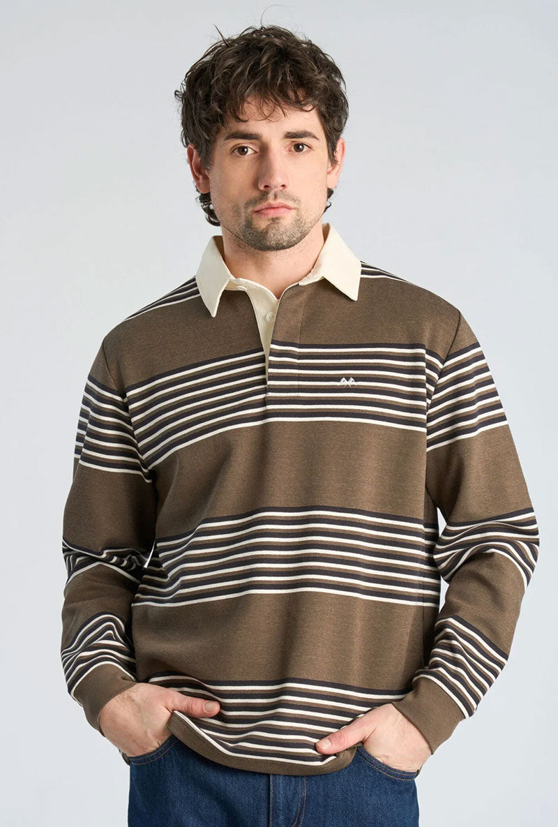 Front image of a model wearing Rugby polo sweatshirt in brown, by brand Lindbergh