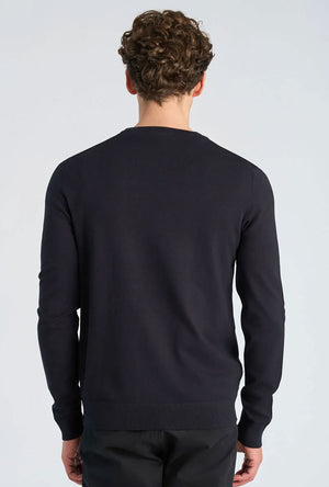 Back image of a model wearing the Soft viscose blend oneck knit in navy, by brand Lindbergh