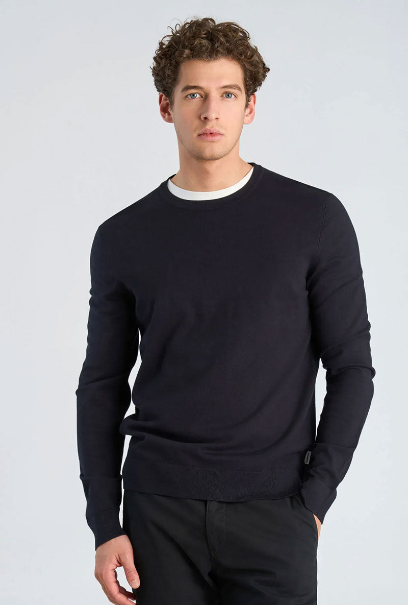 Front image of a model wearing Soft viscose blend oneck knit in navy, by brand Lindbergh