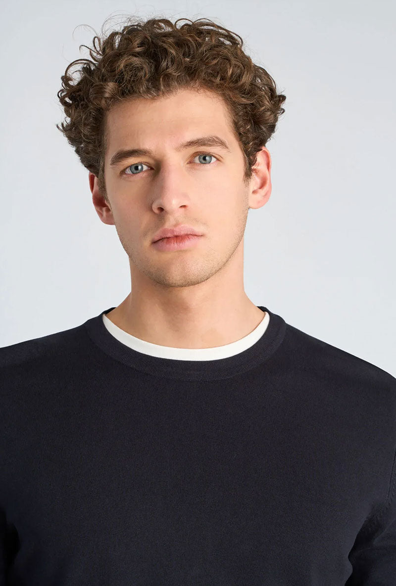 Front image of a model wearing Soft viscose blend oneck knit in navy, by brand Lindbergh