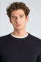 Front image of a model wearing the Soft viscose blend oneck knit in navy, by brand Lindbergh