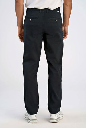 Back image of a model wearing the Superflex chino pants in black, by brand Lindbergh
