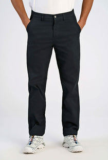 Front image of a model wearing the Superflex chino pants in black, by brand Lindbergh
