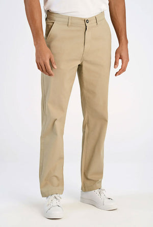 Front image of a model wearing the Superflex chino pants in sand, by brand Lindbergh